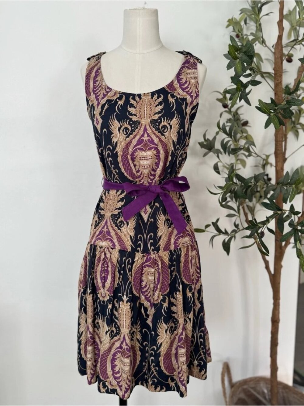 Mango Suit Baroque Print Fit & Flare Dress XS Purple Gold Navy Sleeveless